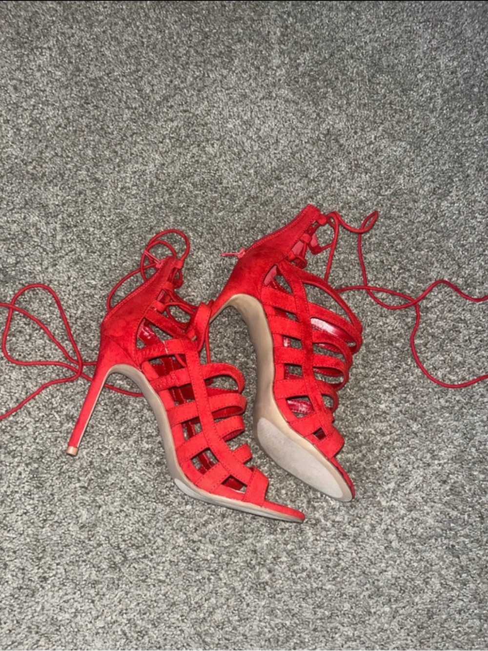 Shoe Dazzle Red Lace-Up Strappy High Heel Sandals